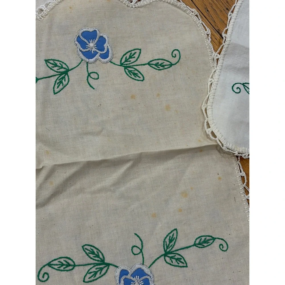 Vintage Hand Embroidered Linen Dresser Scarf Doily Set Blue Pansy Floral 8pc